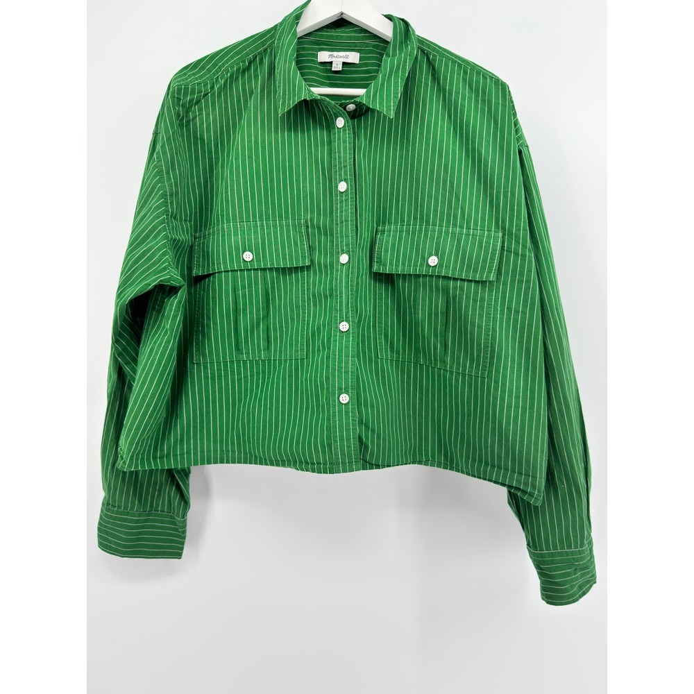 Madewell Green White Striped Cropped Button Down Shirt Utility Pockets Large